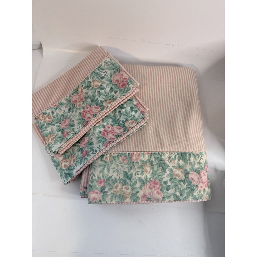 Vtg Westpoint Stevens Queen Flat Sheet w/ 2 Pillowcases Pink Stripe Floral Rose